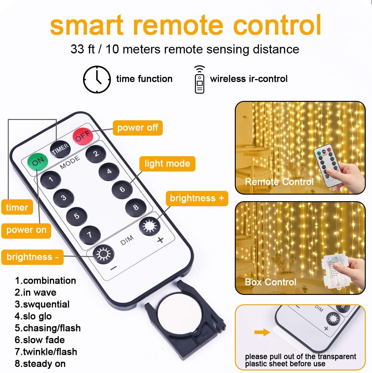 AOMIG Fairy Curtain Lights,300 LED Warm White Window Curtain String Light,8 Modes 9.8×9.8Ft Waterproof Curtain String Light USB&Battery Powered with Remote Contro,String Lights for Indoor,Outdoor