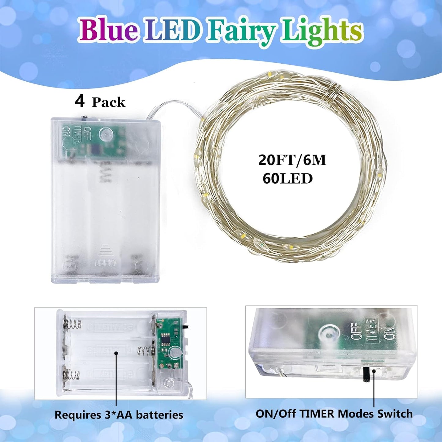 4 Pack 20FT 60LED Battery Operated Fairy Lights with Timer, Waterproof Battery String Lights Outdoor Indoor, Battery Twinkle Light for Bedroom Wedding Birthday Party Chirstmas (Blue)