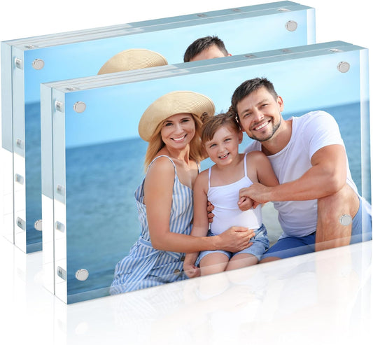 HOUSE DAY Acrylic Picture Frames 3.5x5, 2 Pack Magnetic 3.5 x 5 Picture Frame, Double Sided Clear 3.5x 5 Photo Frame with Microfiber Cloth, Frameless FreeStanding 3.5x5 Frame Gift for Desktop Display