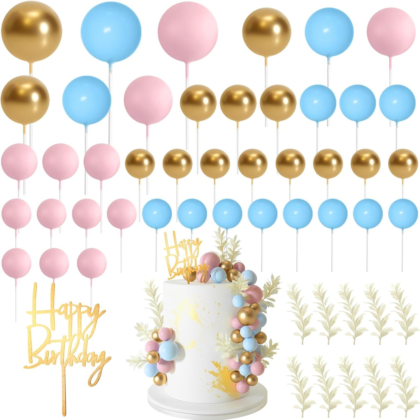 MIAHART Ball Cake Toppers Boho Grass Cake Topper Ball Cake Insert Decoration for Birthday Wedding Baby Shower Party Decorations Boho Themed Party Supplies (light blue，gold，light pink)