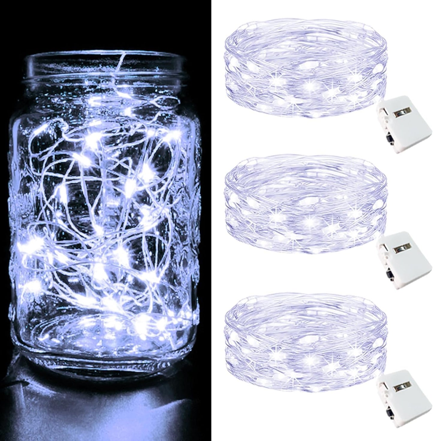 btfarm 3 Pack LED Fairy Lights Battery Operated [3 Modes] Twinkle Lights, 7FT 20 LED Mini String Lights Mason Jars Silver Wire Small Christmas Wedding Party, Cool White