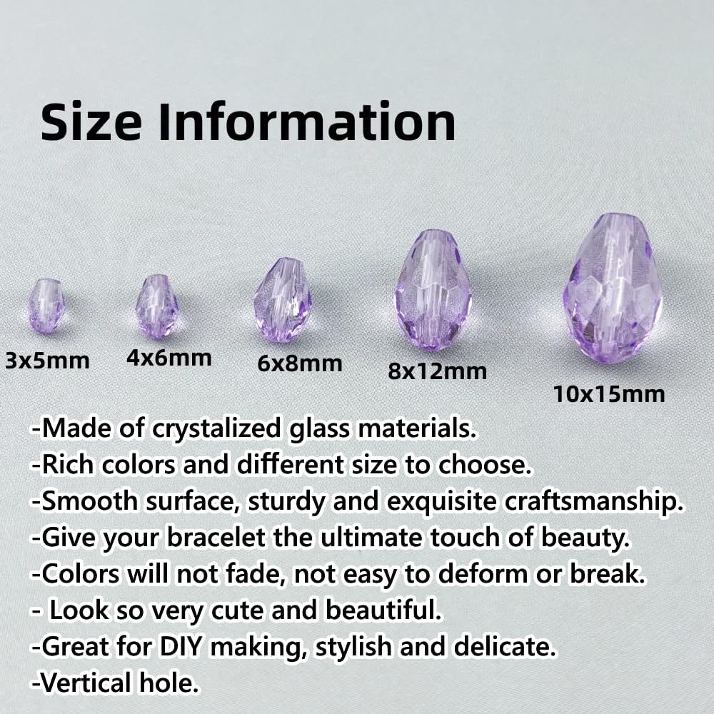 100pcs 8x12mm Teardrop Crystal Glass Beads for Jewelry Making, Faceted Vertical Hole Teardrop Glass Spacer Beads for Wind Chimes Bracelet Earring Necklace DIY Craft(Crystal Purple)