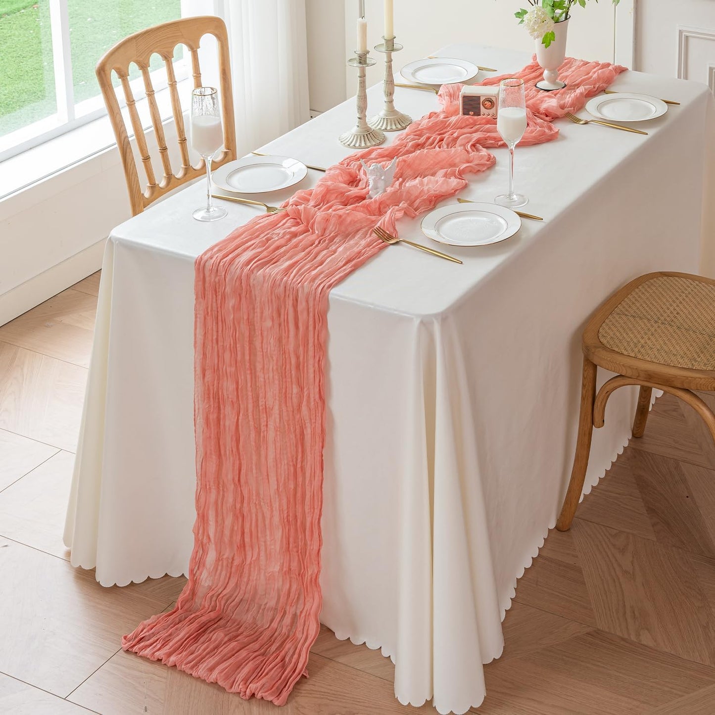 Sioloc 1 Pack Peach Coral Cheesecloth Table Runner Fall Autumn Decor for Home 10ft Table Cloth for Tea Wedding Birthday Party Baby Bridal Shower Halloween Thanksgiving