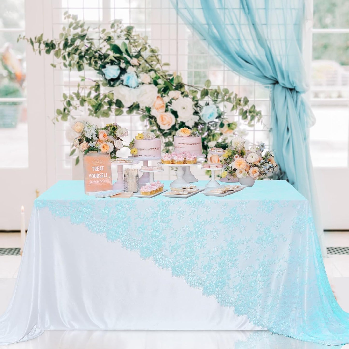 LuoluoHouse Lace Tablecloth Rustic Table Fabric Blue 60x120 Inch for Boho Wedding Bridal Shower Party Decoration Rectangle Overlay Long Vintage Embroidered Reception Table Cloth Decor