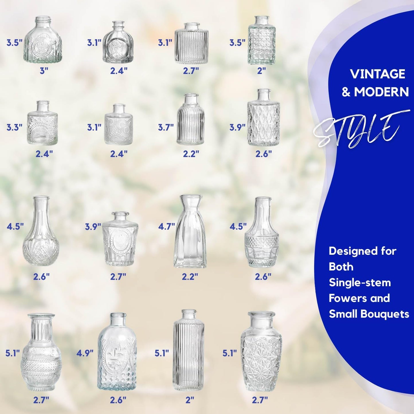 16 Pack Glass Bud Vases for Centerpieces - Bulk Small Flower Vases Set of 16, Mini Vintage Vases, 4 Styles for Party, Wedding Decorations, Baby Shower, Home Table Flower Décor (Clear)