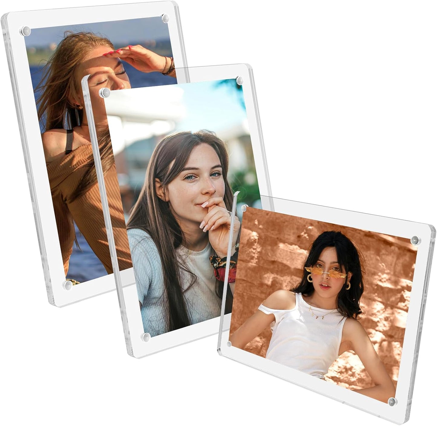 Acrylic Picture Frames 5x7 Inch Set of 3, Tabletop and Refrigerator Display Vertical and Horizontal Clear Magnetic Photo Frames with Detachable Stand for Gift, Home/Refrigerator Décor