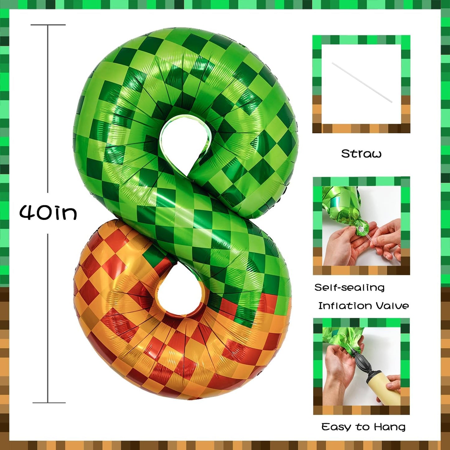 Pixel & TNT Theme 40in Giant Number Balloons - Foil Mylar Birthday Party Decorations for Kids Adults Cumpleaños, Block Style Pixel Art Shape Balloon Decor Supplies (Pixel, Number 8)