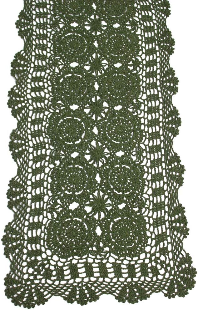 KEPSWET Cotton Handmade Crochet Lace Table Runner Olive Green Rectangle Coffee Table Dresser Decor (14x60 inch)