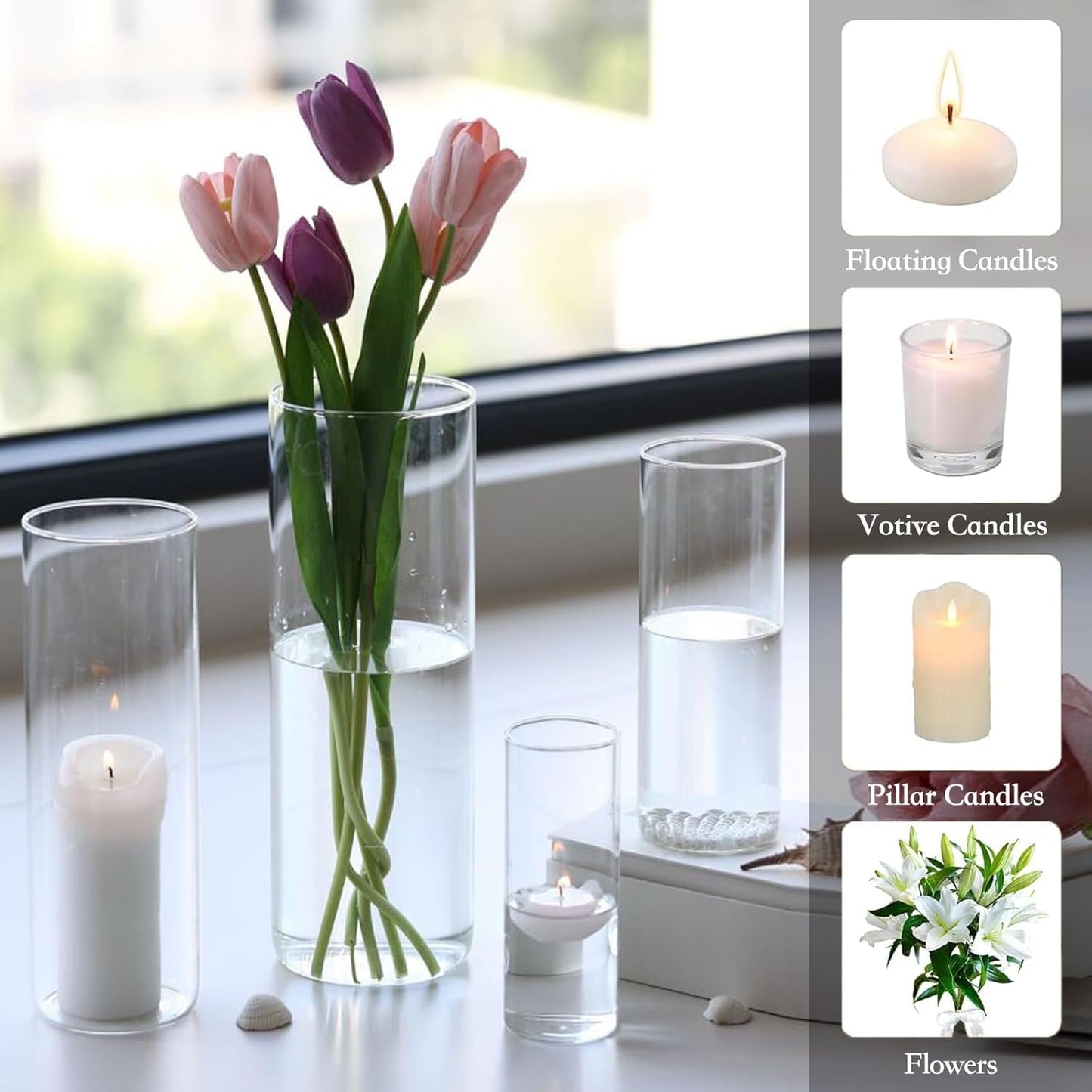 PHOSPHOR 8 PCS Glass Candle Holder, Hurricane Candle Hoder, Glass Pillar Candle Holder, Clear Cylinder Candleholder Cylinder Vase for Centerpieces Wedding Party Decoration