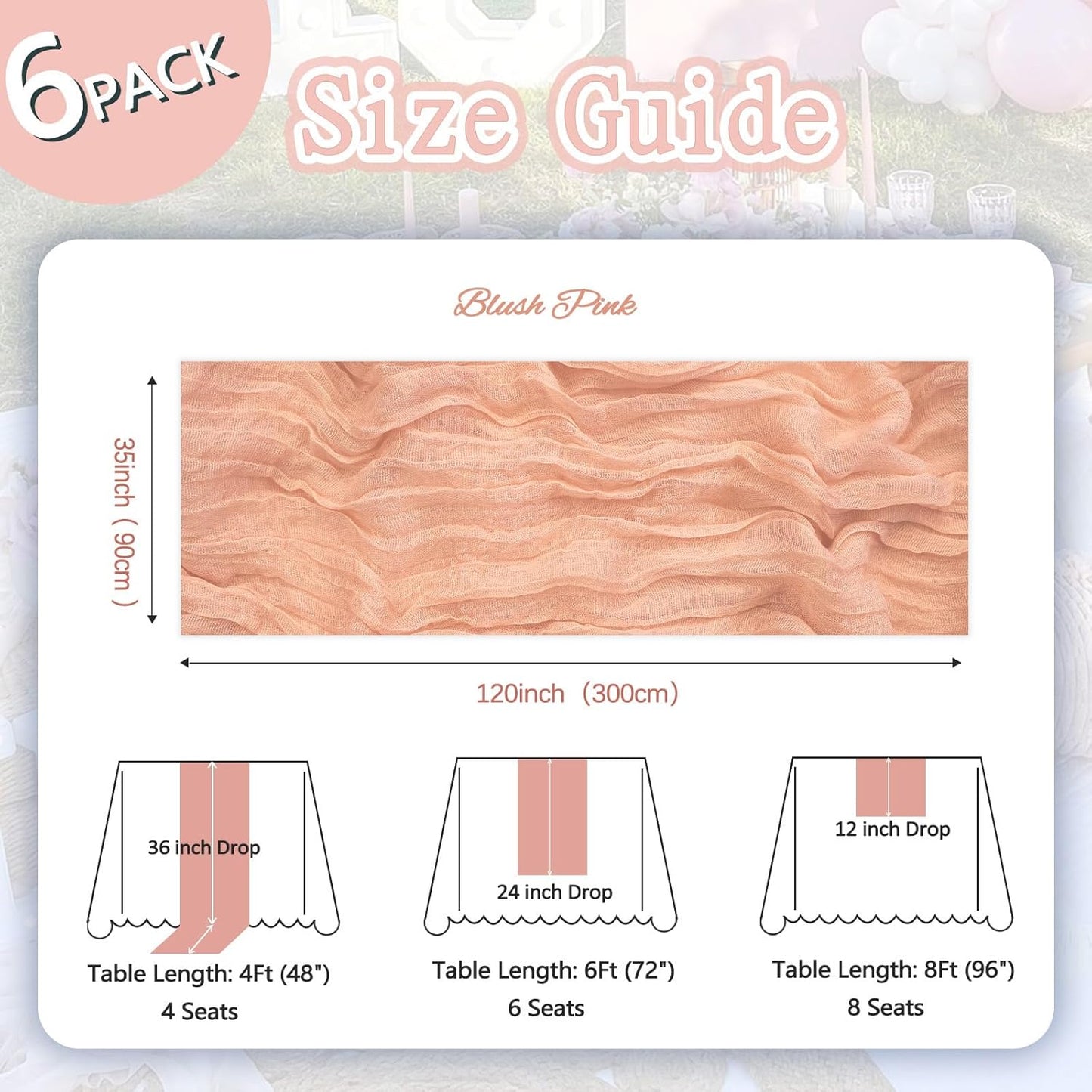 6 Pack Blush Pink Cheesecloth Table Runner 10ft Boho Gauze Fabric Cheese Cloth Table Runner 35 x 120 Inch Rustic Sheer for Romantic Wedding Decor Baby Shower Party Table Centerpiece Decoration