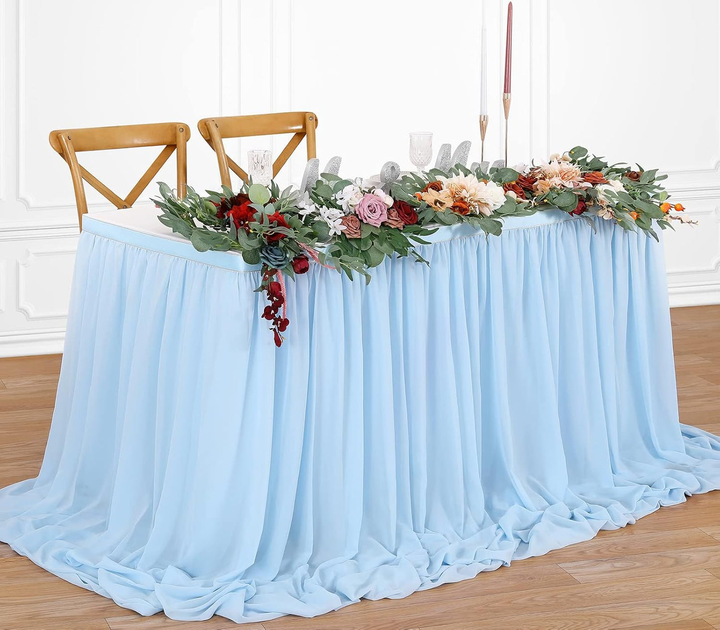 QueenDream 6ft Baby Blue Chiffon Table Skirt for Rectangle Table Sheer Tablecloth for Baby Shower Wedding Birthday Mermaid Theme Party