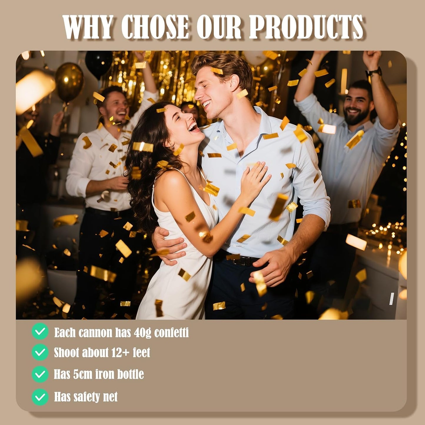 Gold Confetti Cannon Set of 5 | Long-Range Confetti Poppers for Birthdays, Graduations, Weddings, and Celebrations