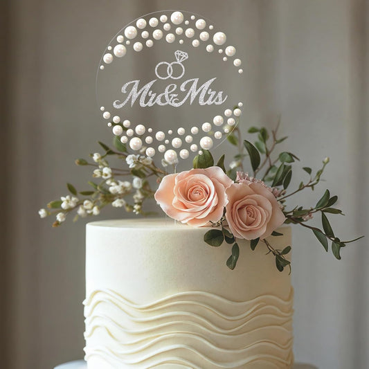 Mr & Mrs Wedding Cake Topper, Contemporary Bride and Groom Sign Rustic Resin Décor for Engagement & Anniversary, Bridal Shower & Party Celebrations (Transparent acrylic & Pearl)