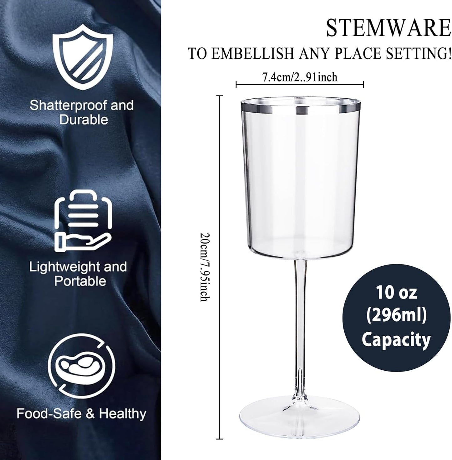 Ciaell 12 Pack Plastic Wine Glasses - 10 Oz Plastic Wine Glasses with Stem - Square Silver Disposable Stemmed Glass for Parties & Weddings & Outdoors