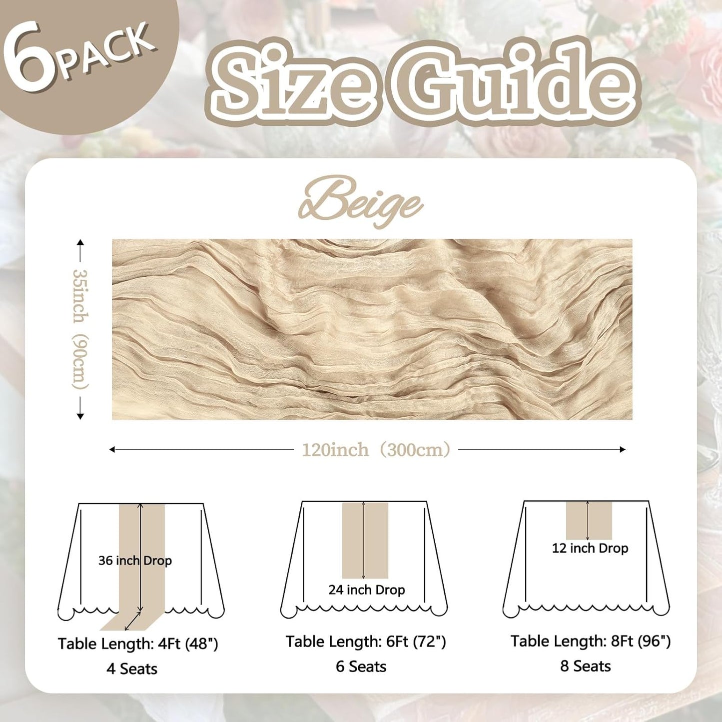 6 Pack Beige Cheesecloth Fall Table Runner 10ft Boho Gauze Fabric Cheese Cloth Table Runner 35 x 120 Inch Rustic Sheer Runner for Thanksgiving Wedding Decor Baby Shower Party Centerpiece Decoration