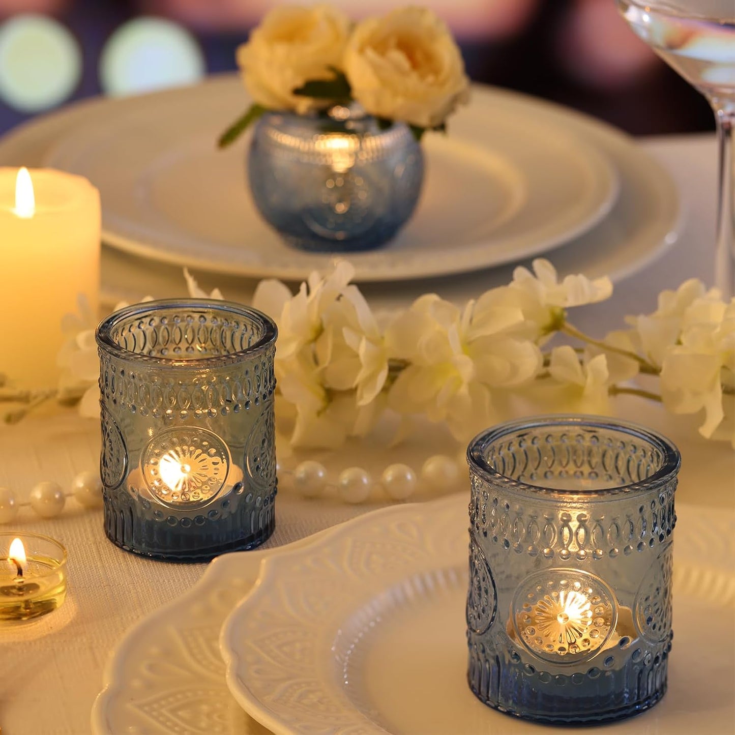 DARJEN Blue Votive Candle Holders Set of 36 - Votive Candle Holders Bulk, Glass Candle Holder for Party Decoration, Tea Lights Candle Holders for Wedding