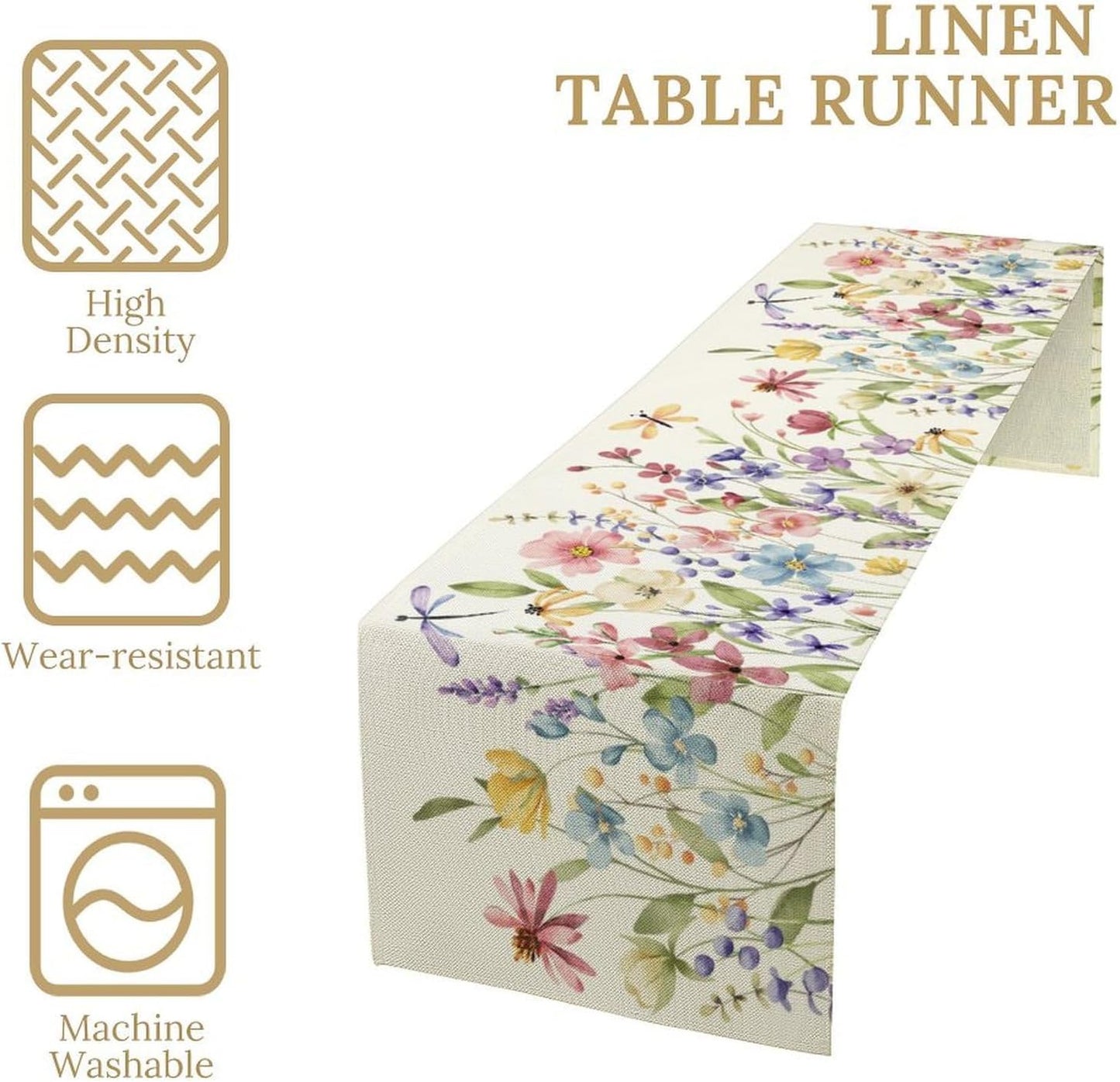 Watercolor Floral Table Runner, Colorful Spring Summer Nature Flower Dragonfly Pattern Print Table Runner for Kitchen Dinning Table Runner Decor Home Wedding Party Holiday, 13x70 Inch