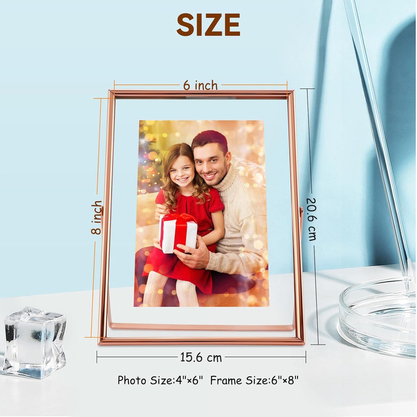 Rose Gold Floating Picture Frame, 6"x8", Vertical, For Picture 5x7, 4x6, 3x5, Medium Tabletop Photo Frame, Classy Gift For Holiday, Birthday or Wedding, Home or Office Décor