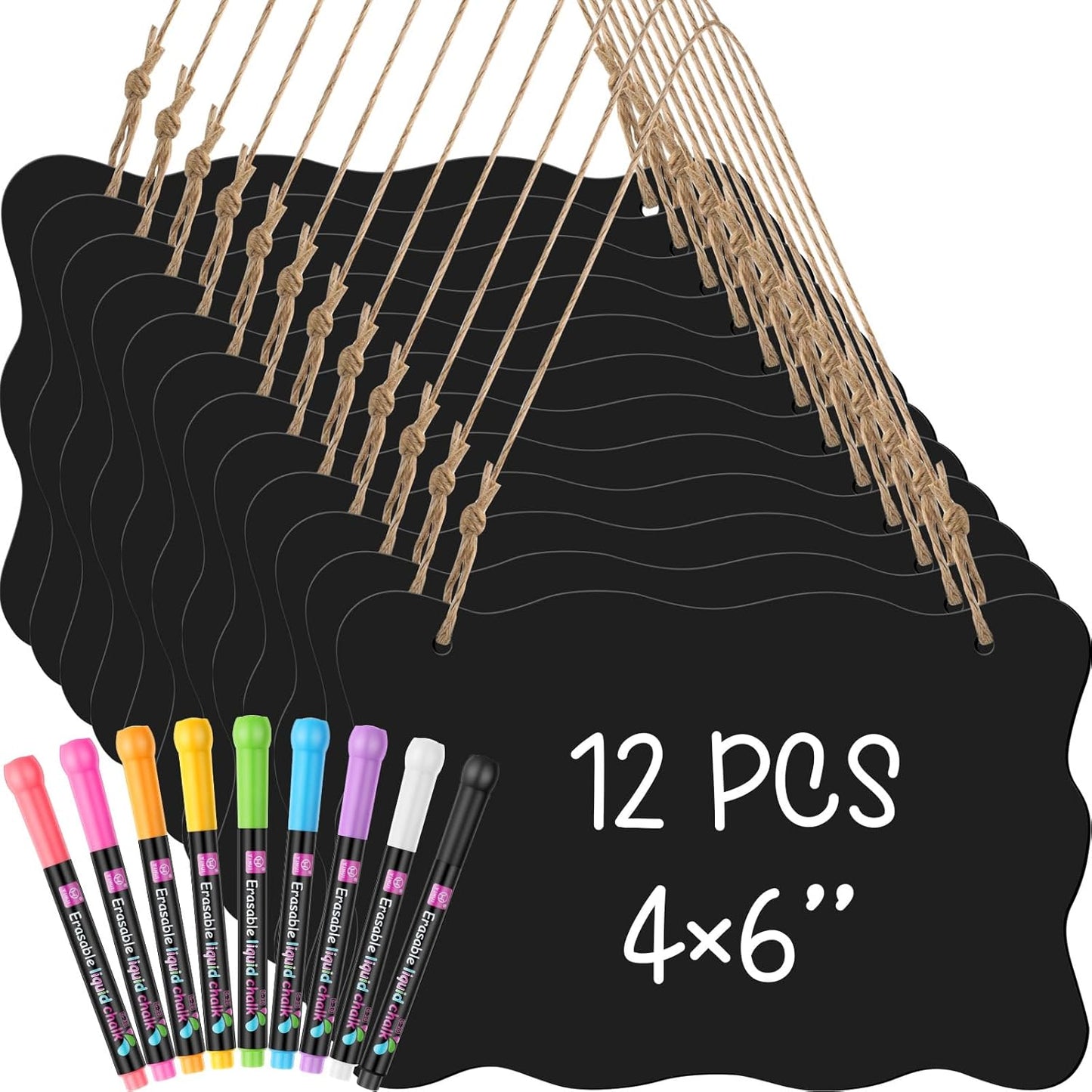 12 Pcs 4 x 6 Acrylic Chalkboard Hanging Sign with Chalk Markers Chalk Board Signs with Hanging String for Wedding Kitchen Home Party Decoration (Wave)