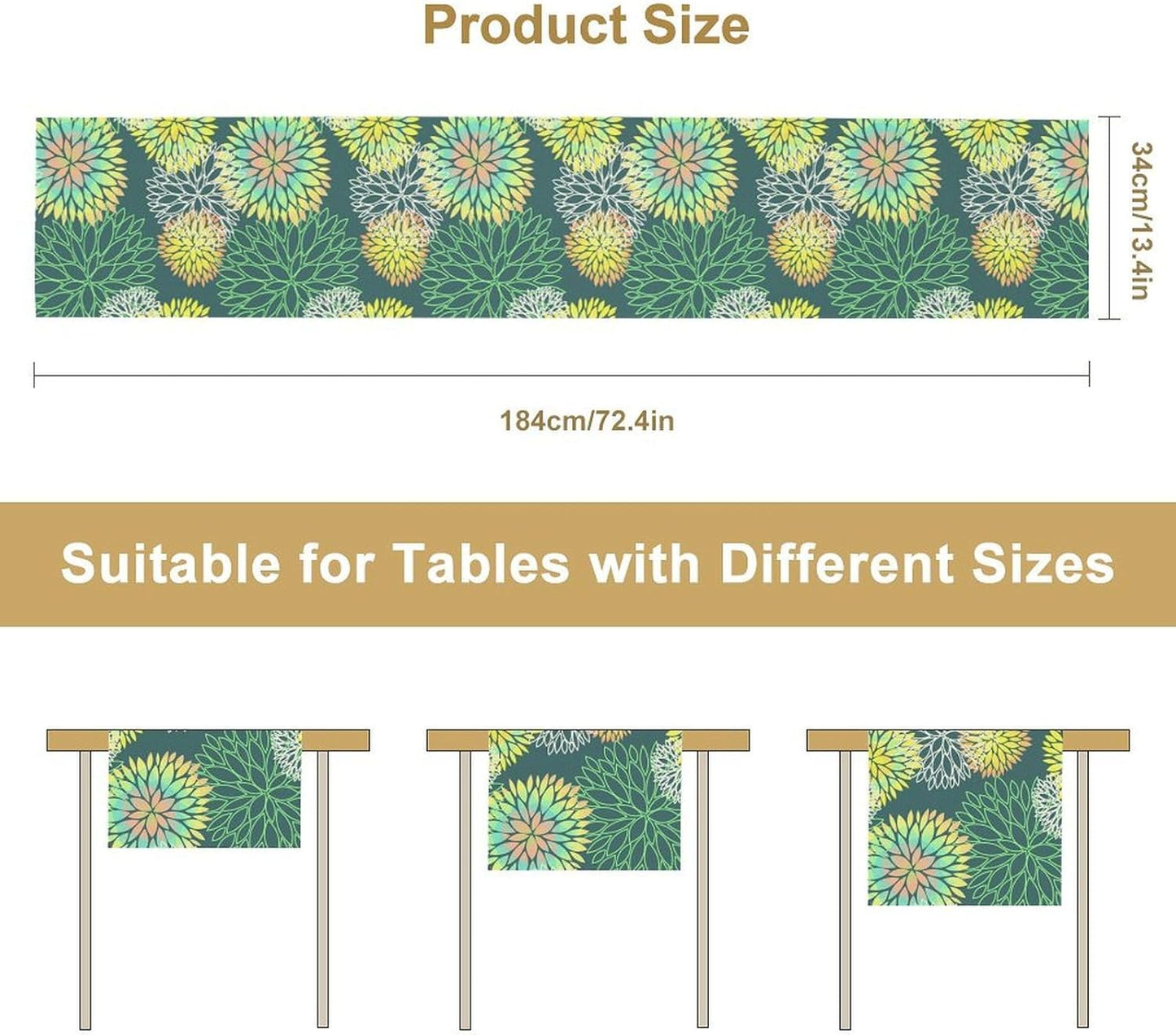 Green Dahlia Flower Table Runner, Linen Geometric Pattern Floral Table Decor Spring Farmhouse Decorations for Kitchen Dining Holiday Party Decor, 13x60 Inch