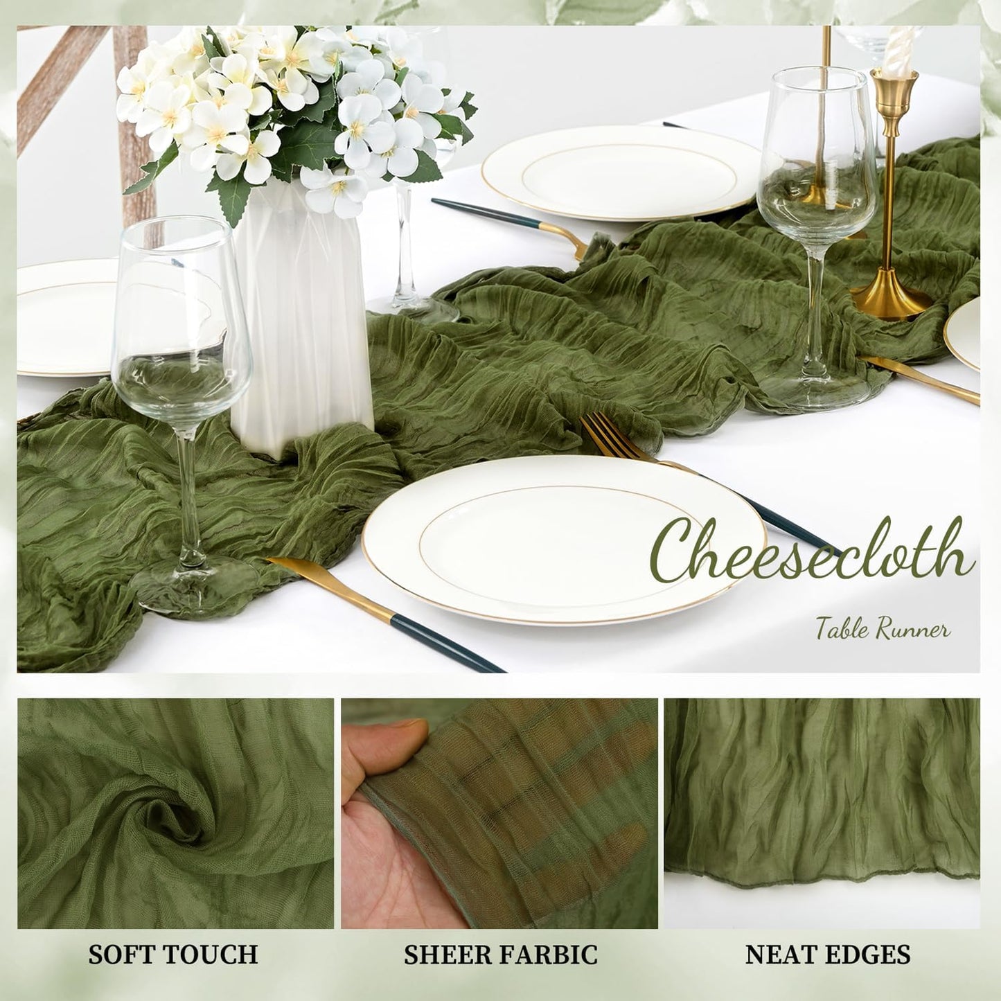 12 Pack Olive Green 10FT Cheesecloth Table Runner Rustic Gauze Cheese Cloth Table Runner for Wedding Bridal Baby Shower Table Decorations Boho Fabric Sheer Birthday Party Decor 20 x 120 Inch Long