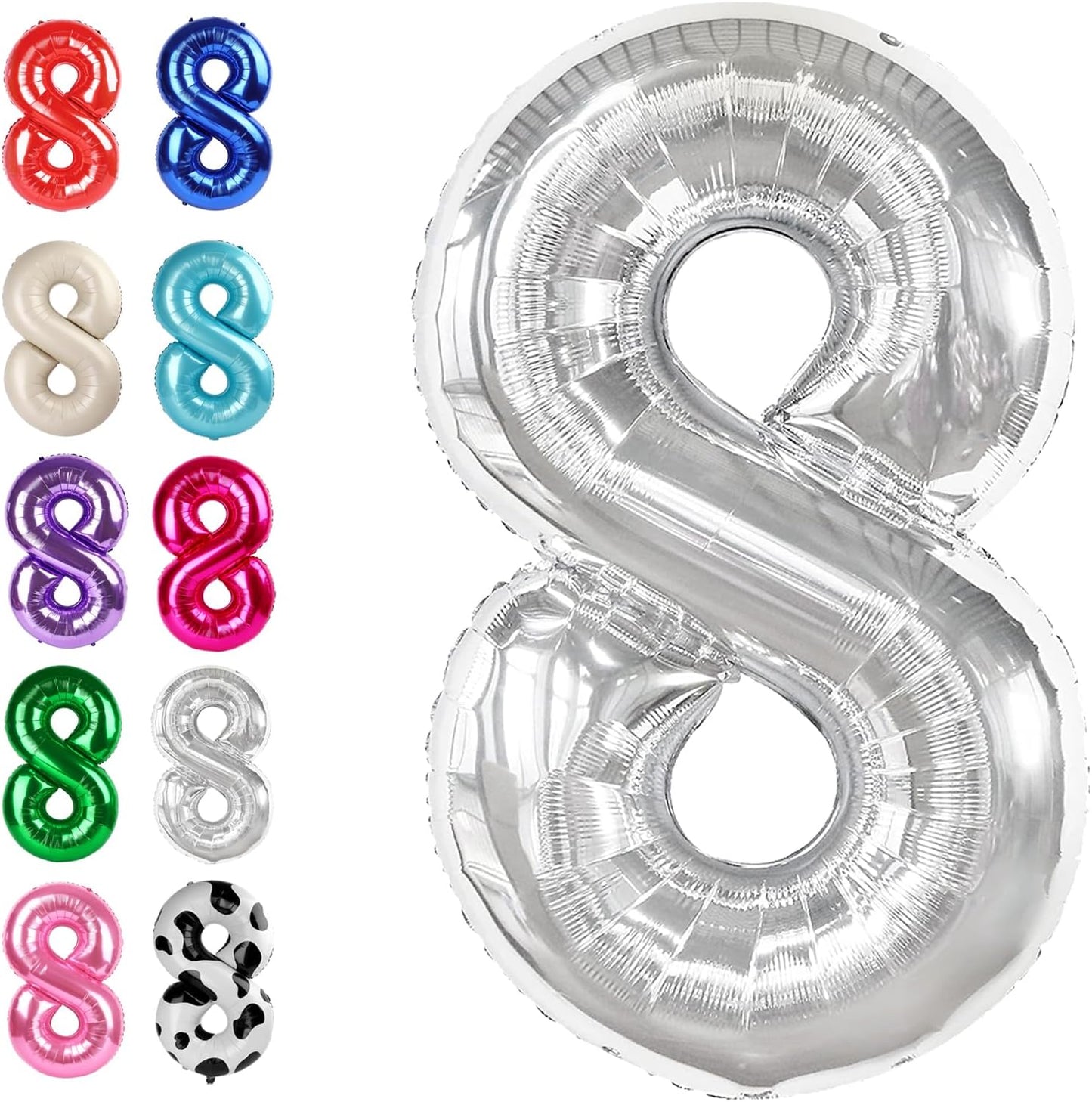 Silver Foil Number 8 Balloon 40 Inch, Helium Mylar Eight Number 8 18 28 38 48 58 80 88 Birthday Balloons, 8th Silver Women Men Wedding Anniversary, Graduations Party Supplies