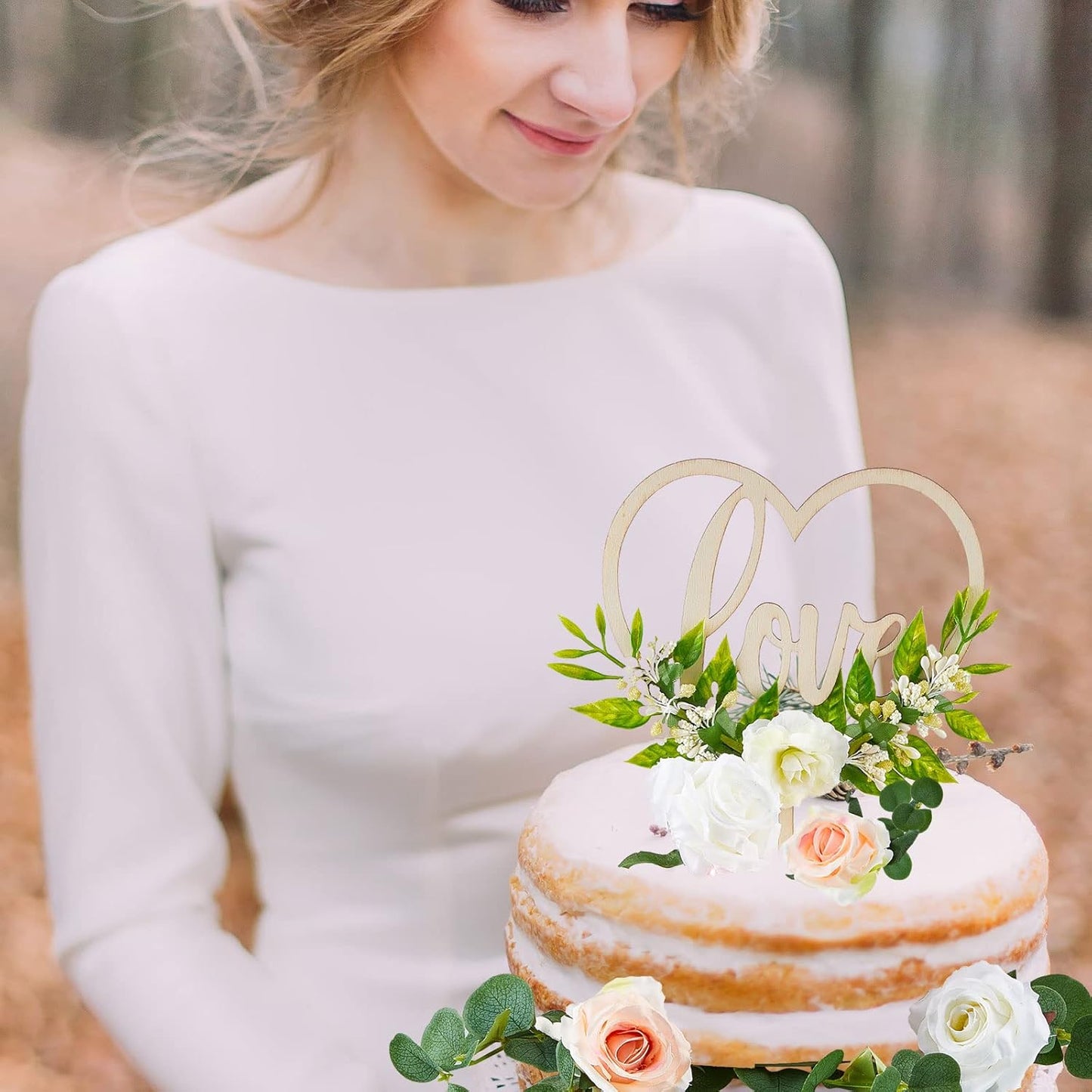 Juexica 6 Pcs Wedding Cake Topper Set Rustic Bridal Shower Heart Shaped Wedding Cake Topper Decorations Simulation Rose Flowers Leaves for Engagement Anniversary Party