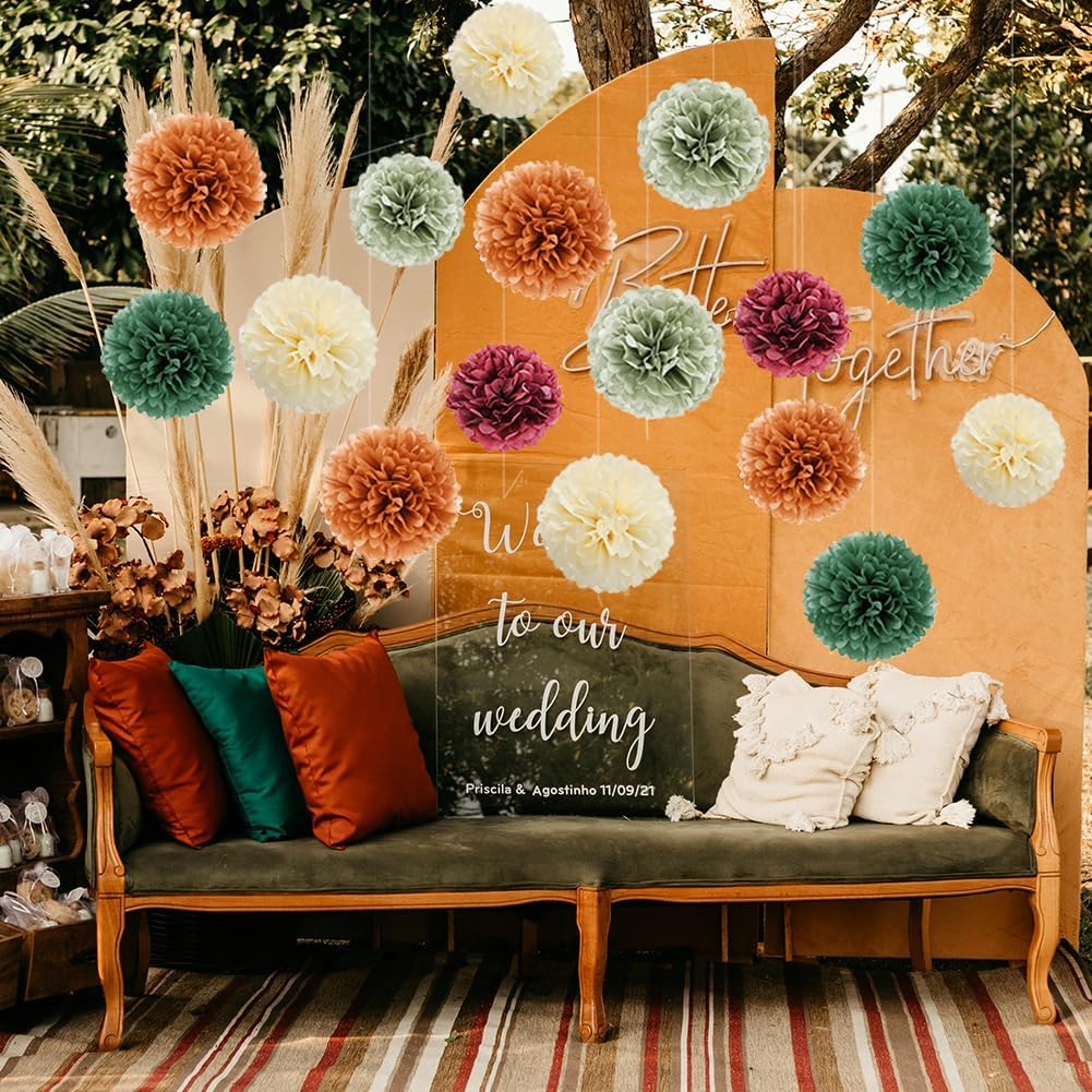 Fall Party Decorations 16pcs Orange Green Tissue Pom Pom Decorations Burgundy Sage Green Fall Decorations for Autumn Bridal Shower Baby Shower Wedding Birthday Engagement Party Decorations