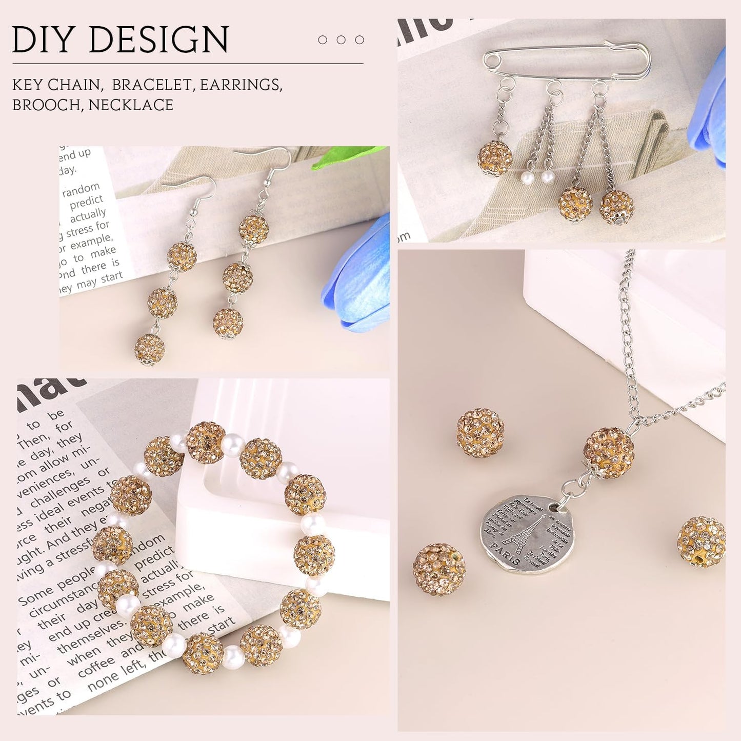 200pcs 10mm Light Brown Rhinestone Beads for Jewelry Making, Shiny Round Shamballa Disco Ball Beads, Sparkle Crystal Clay Christmas for Bracelet Baseball Necklace Earring Crafting and DIY