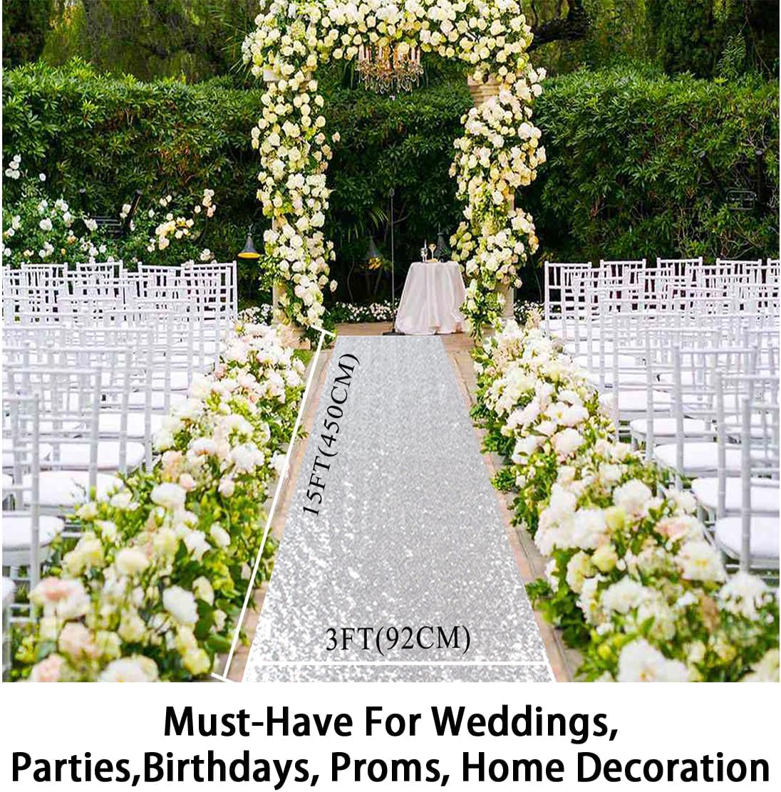 ShinyBeauty Silver Sequin Aisle Runner - 3FTx15FT for Wedding Ceremonies, Outdoor Events & Special Occasions