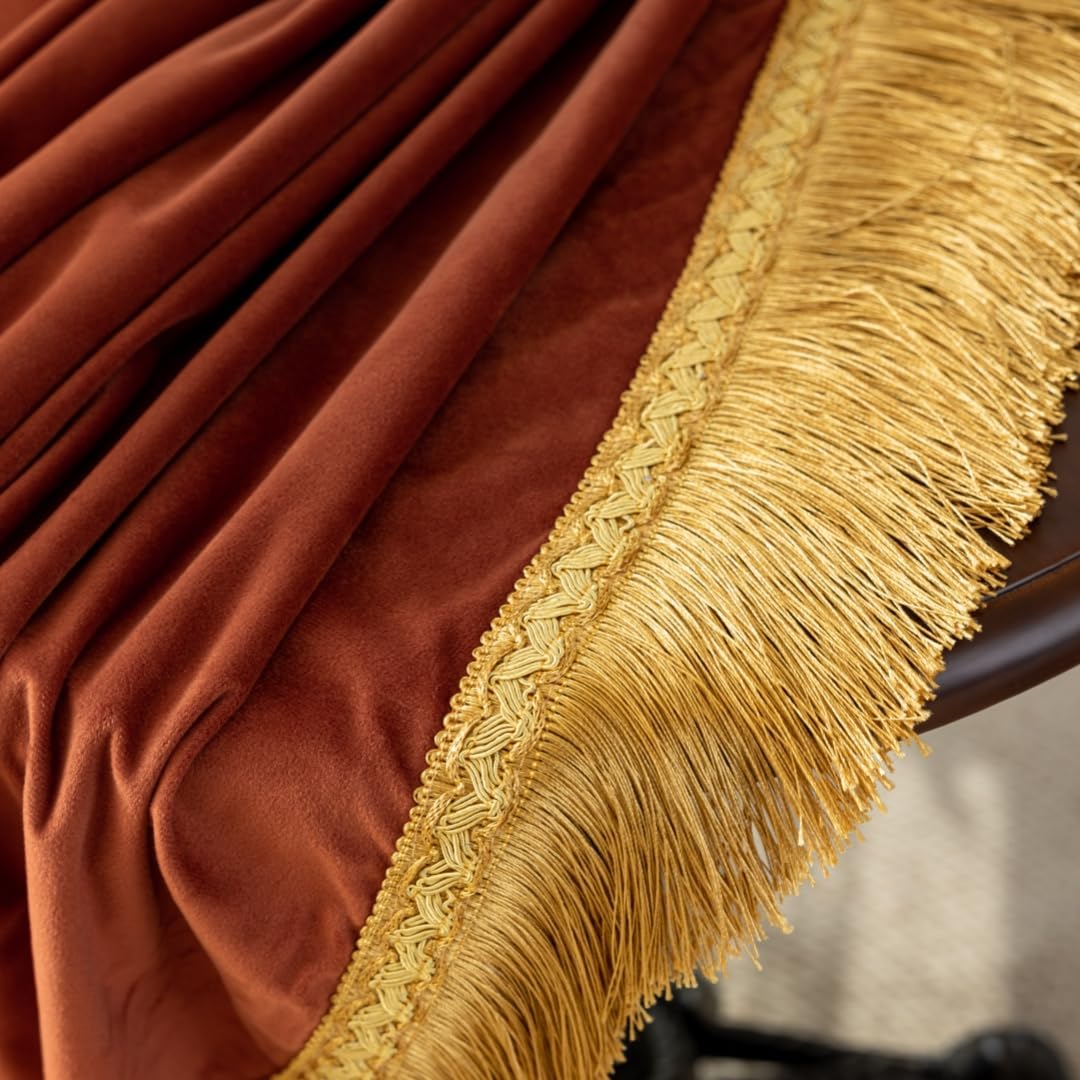 F-CHU Luxury Burnt Orange Tablecloth Thickset Velvet Tablecloth with Beautiful Gold Vintage Tassels Table Cloth for Home Decor Wedding, Party, Banquet and Events 60" Round