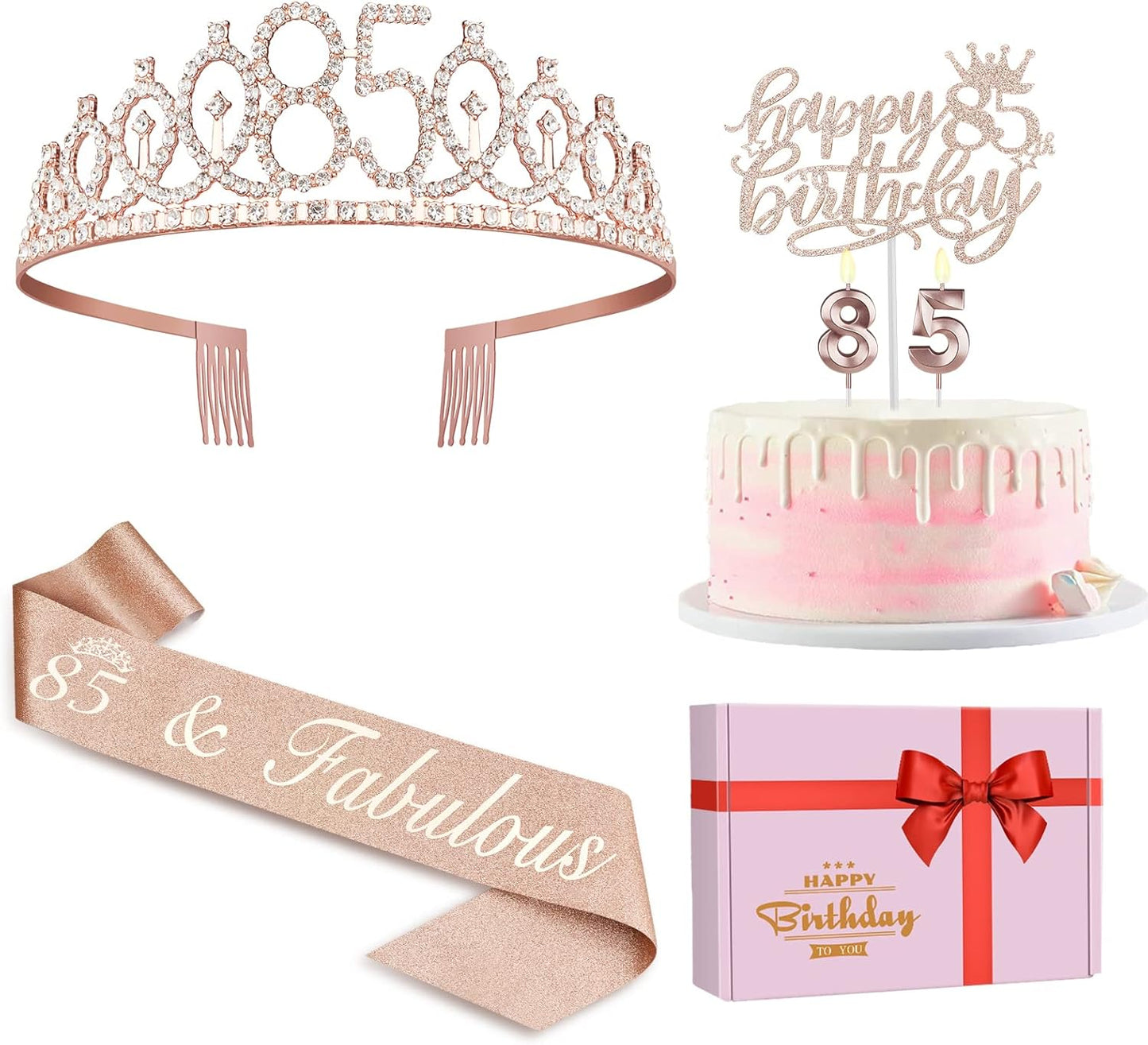85th Birthday Party Decorations Including Sash, Crown, Numeral Candles and Cake Topper, Rose Gold 85th Birthday Decorations for Women
