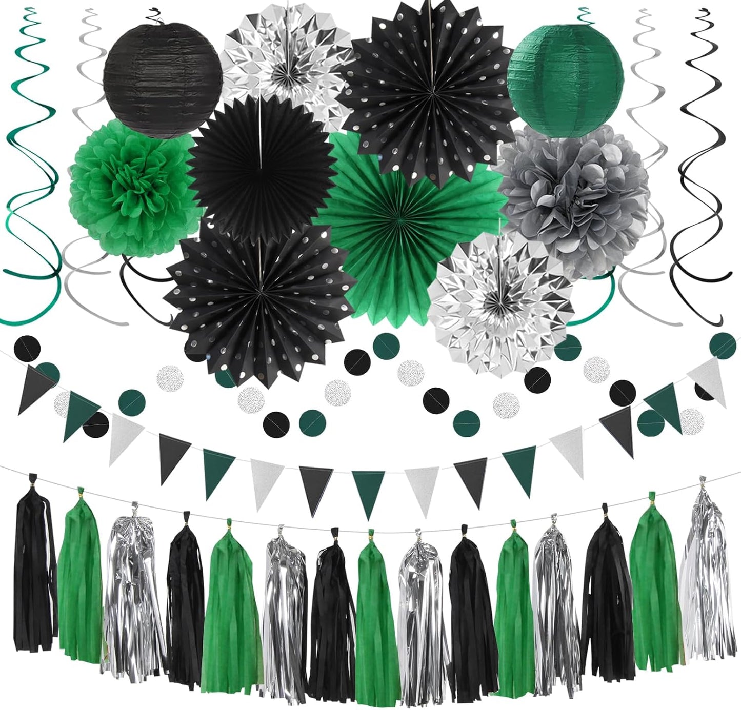 Black Green Silver Football Party-Decorations - 33pcs Banner,Soccer Graduation Streamers Tassel Garland,Tissue Pom Poms Honeycomb,Paper Lantern Fans,Men Boys Birthday Spring Summer Jungle Decor Hugtmr