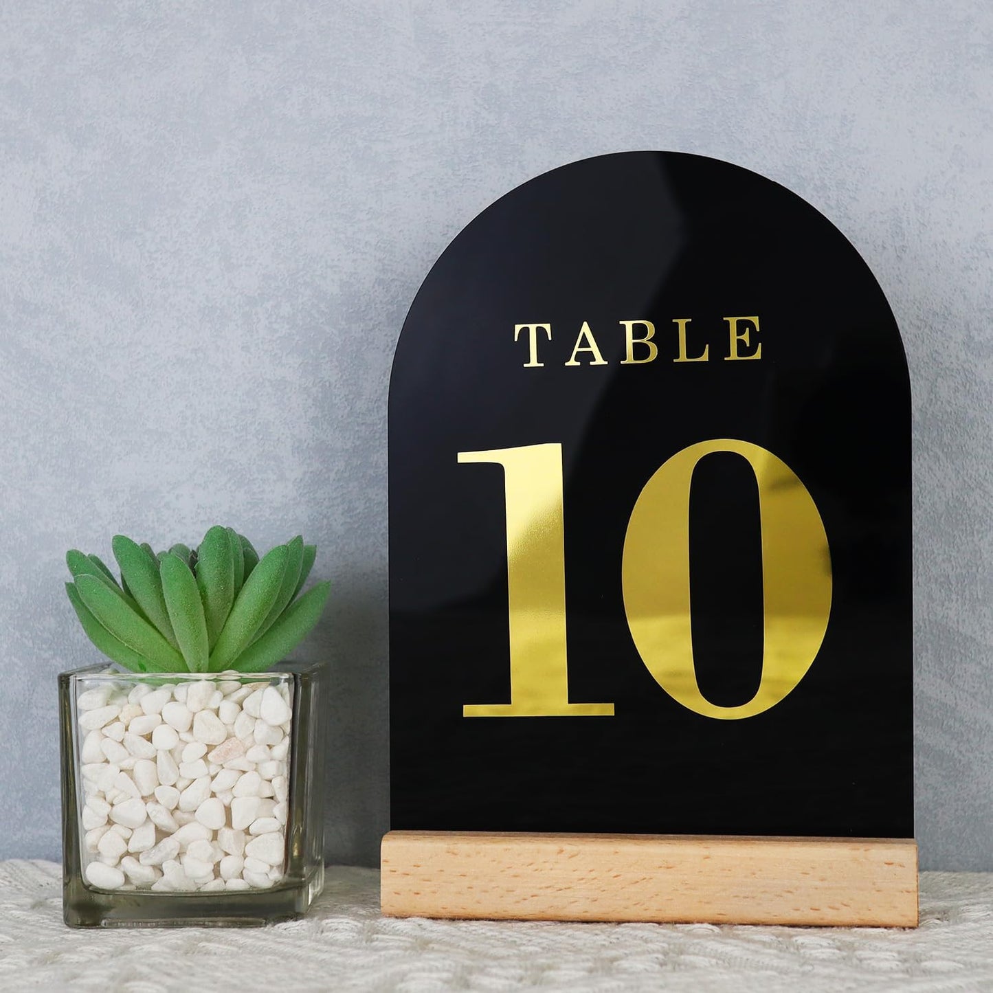 Wedding Table Numbers 1-10, Acrylic Arch Signs with Natural Wood Stands Holders, Rustic Table Decor for Reception & Parties (Black Gold)