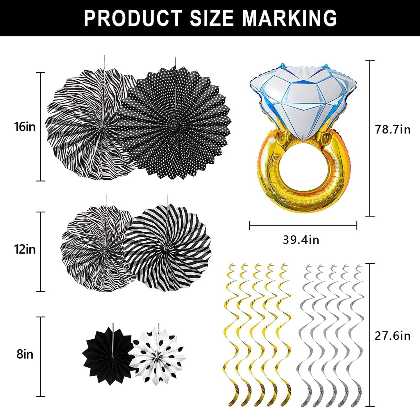 Black Silver Party Decorations - Bridal Shower Decorations Set Bachelorette Party Supplies with Bride to Be Banner,Bride Foil Balloon,Diamond Ring Foil Balloon,Paper Fan Hanging Swirl