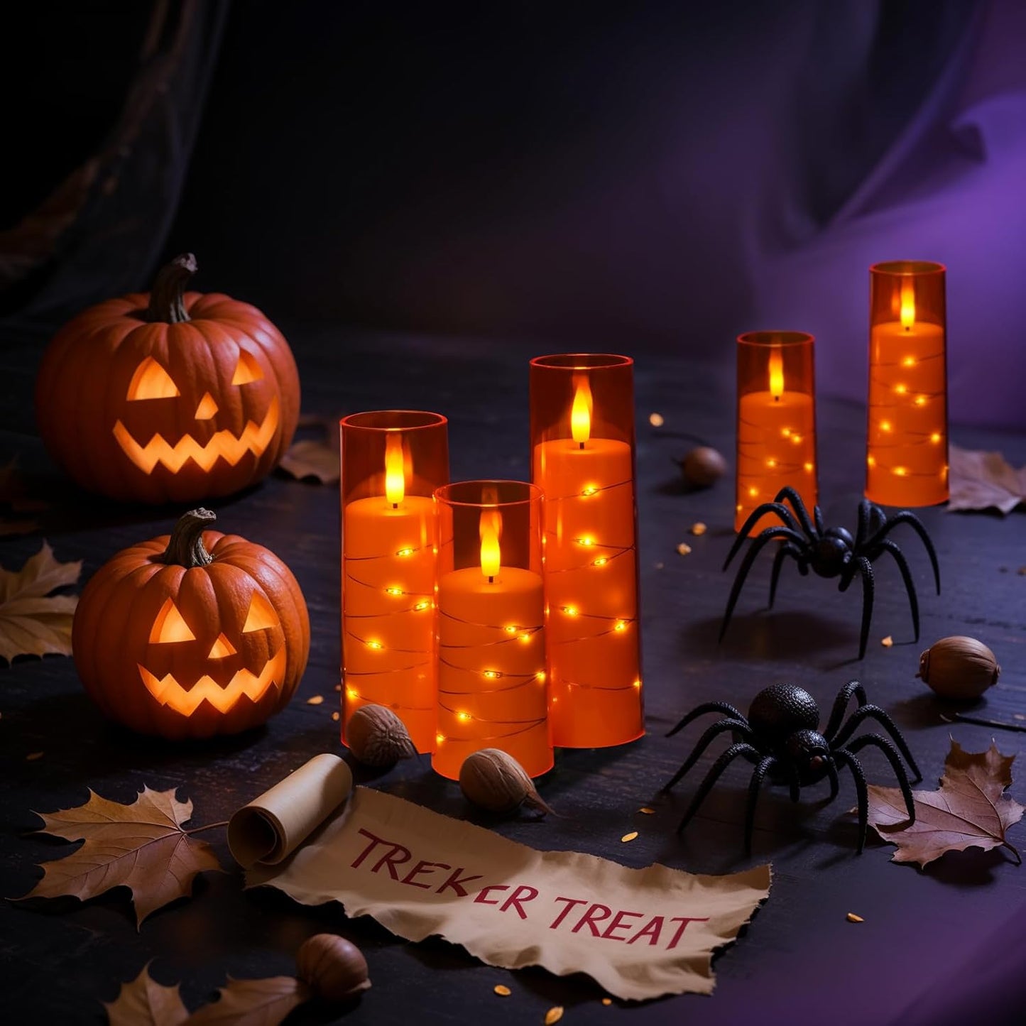 Raycare Flameless Candle with Remote Timer – 5 Flickering Acrylic Battery Operated LED Pillar Candles with Embedded Star String for Halloween, Home Decor, and as a Gift(Orange)