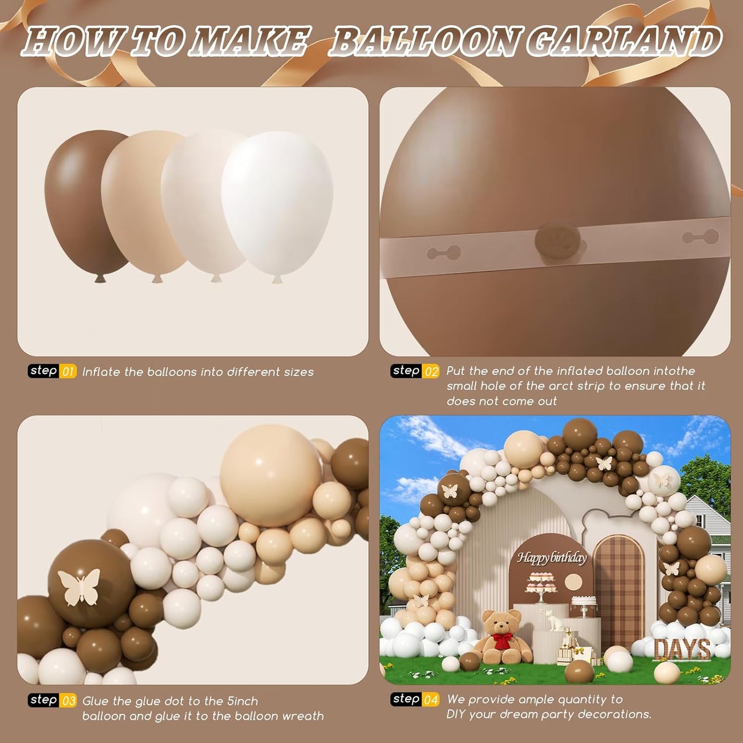 412Pcs Netural Balloon Garland Arch Kit, 5 10 12 18inch Brown Balloon Garland Arch Kit for Birthday Teddy Bear Baby Shower Neutral Party Decoration