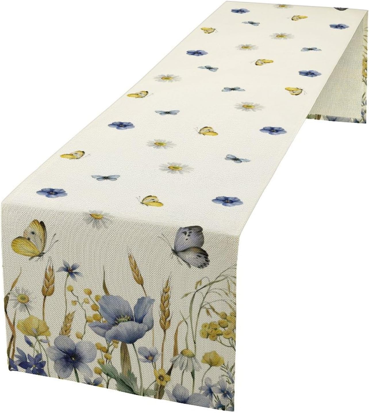Floral Table Runner, Spring Watercolor Flower Plants Nature Butterfly Table Runner for Kitchen Dinner Living Room Home Party, 13x120 Inch