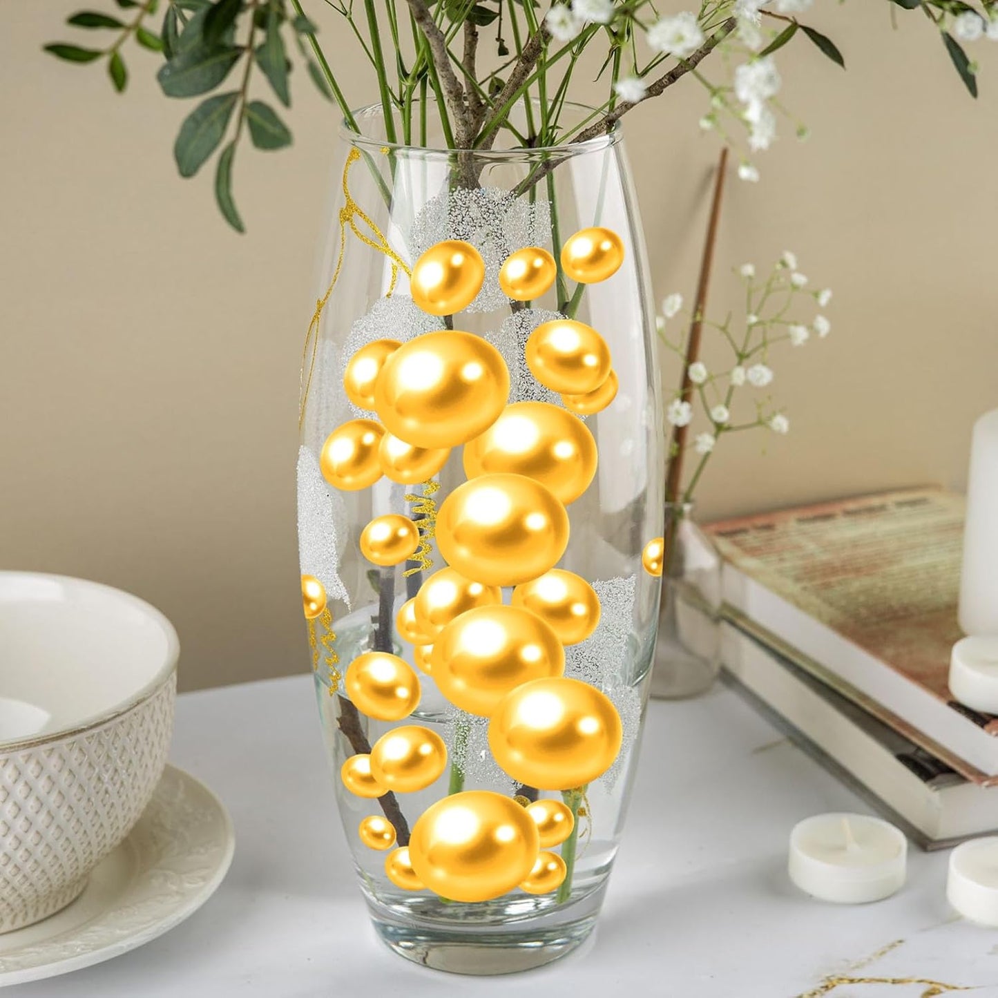 100PCS Golden Yellow Faux Pearls Beads for Centerpiece Vases, Vase Filler Faux Pearls, No Holes Filler Beads for Party Mardi Gras Wedding Table Decor, 14/20/30mm