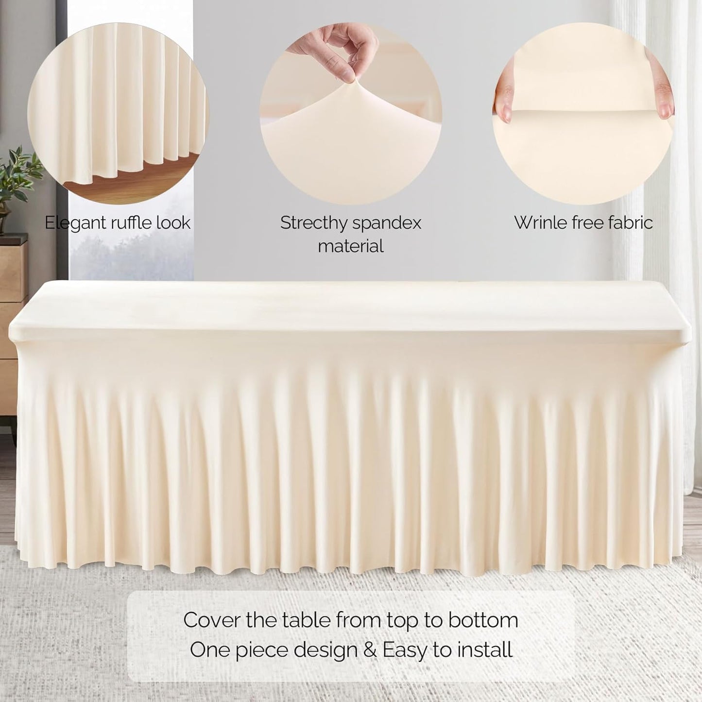 Wish Care 2 Pack Ivory Spandex Table Clothes for 6 Foot Rectangle Tables, 6FT Wrinkle Free Fitted Tablecloths Ruffles Design Table Cover for Party, Banquet, Wedding and Events