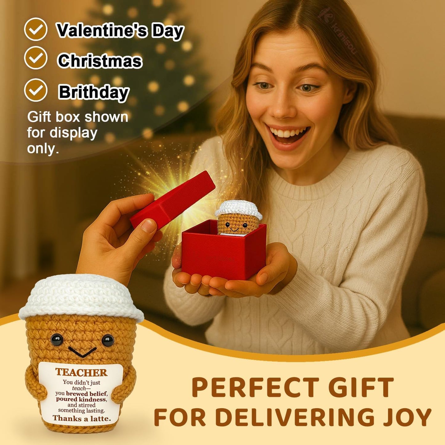 Teacher Appreciation Gifts for Women Men, Birthday Thank You Gift for Mentor Professor, Cute Funny Positive Esspresso Emotional Crochet Handmade Support Coffee Gifts