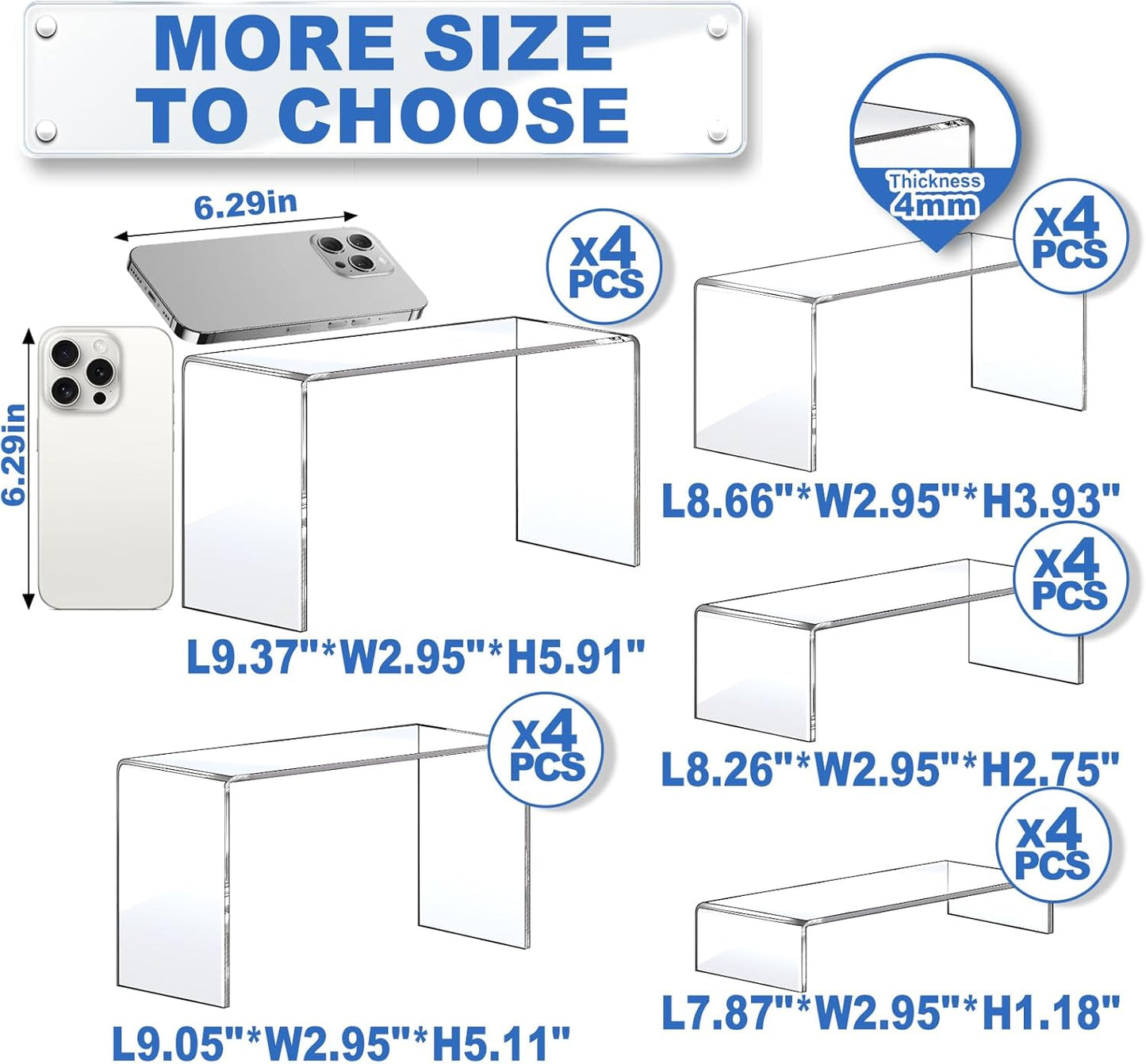 Aheroi Acrylic Risers, 20 Pcs 4 Set Display Stands, Clear Rectangular Risers for Decor, Cupcake Funko, Shoe Display (1-3-4-5-6IN)