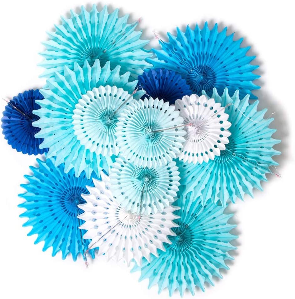 SUNBEAUTY Pack of 13 Blue White Hanging Honeycomb Paper Fans Party Decoration Kit for Baby Boy Shower 1st Birthday Navy Ocean Wedding Under The Sea Theme Photo Booth Backdrops Paper Party Supplies