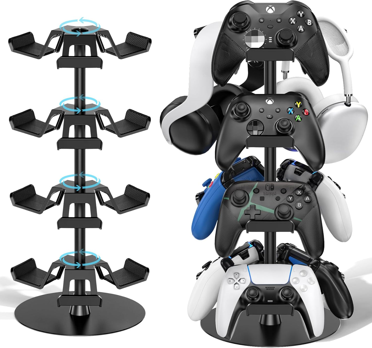 Headset Stand 4 Tiers for Desk, Rotatable Gaming Controller Stand for PS5/PS4/Xbox/Switch2/PS Portal/Phone, Universal PC Gamer Gift Accessory Controller/Headphone Holder for 12 Packs Controller