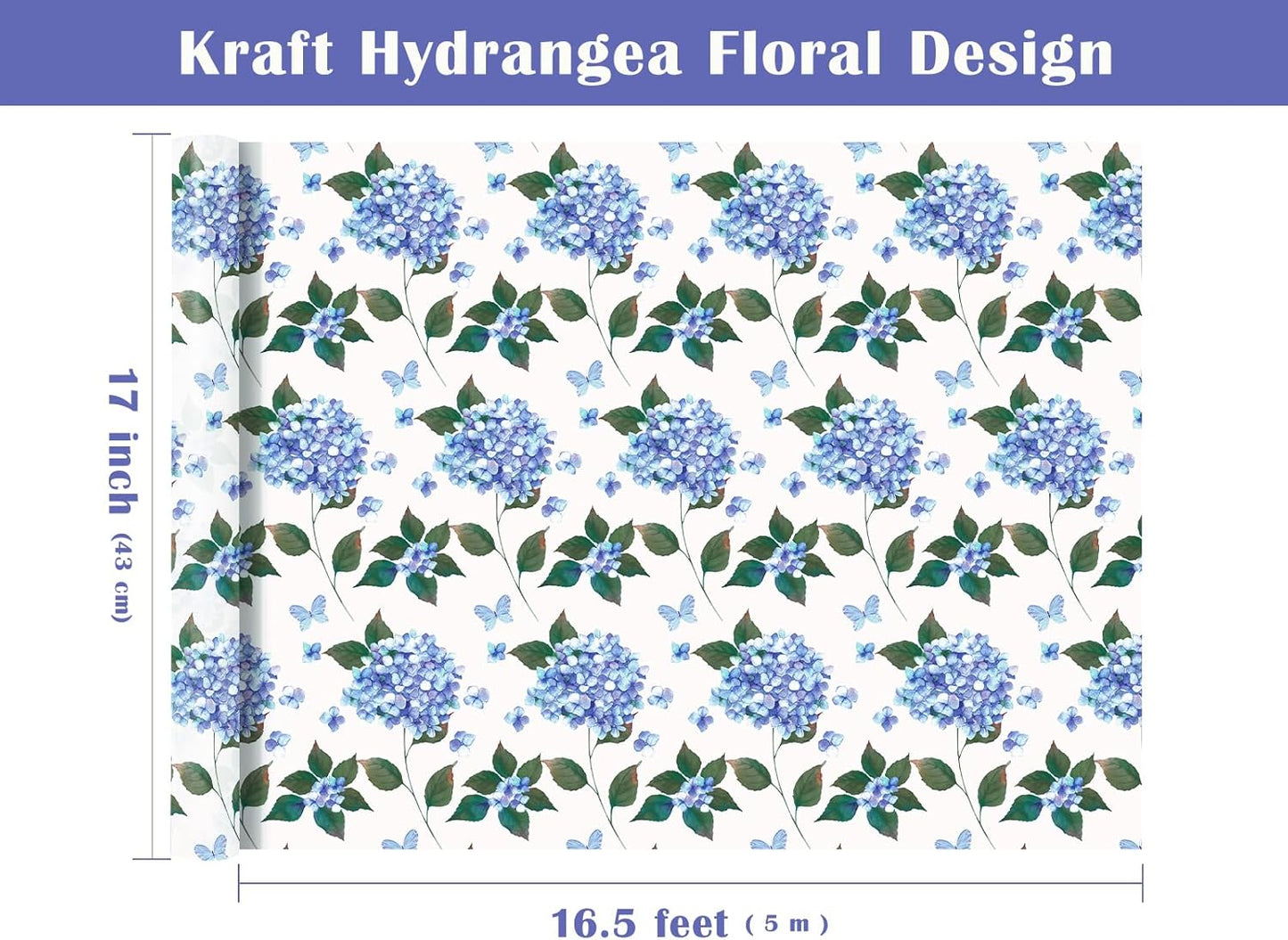 WRAPAHOLIC 30 Inch Jumbo Kraft Hydrangea Floral Wrapping Paper Roll - 30 Inch x 33 Feet - Hydrangea Flower Wrapping Paper for Wedding, Birthday, Bridal Shower, Tea Party