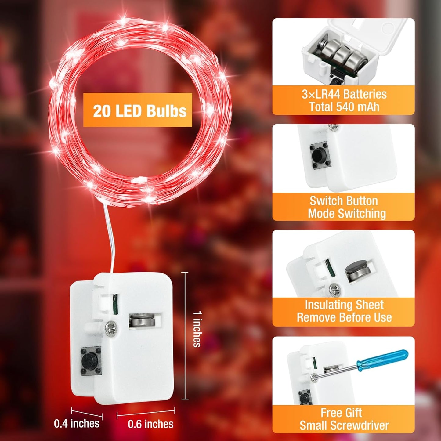 12 Pack Fairy Lights Battery Operated - 7ft 20 Led Twinkle Lights 3 Modes, Bulk Mini String Lights Waterproof for Mason Jars Vases DIY Party Wedding Decoration Christmas - Red