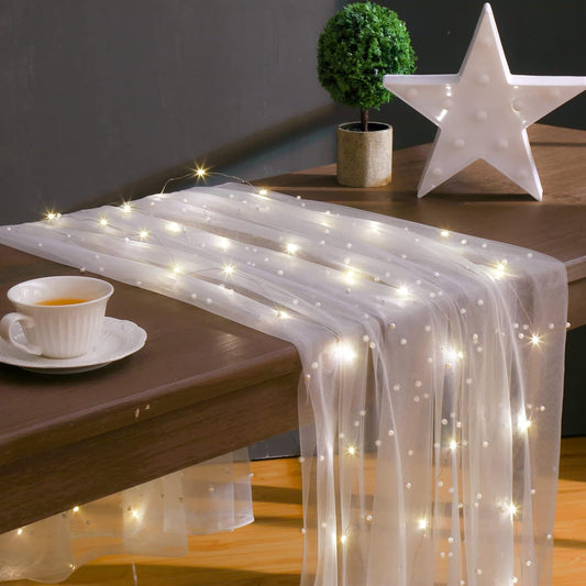 10 ft 4 x 120 Inch White Wedding Tulle Table Skirt with LED Lights White Pearl Chiffon Birthday Table Runner Tulle Sweetheart Decor Pearl Arch Decorations Outside Baby Shower Ceremony (Plug in Type)