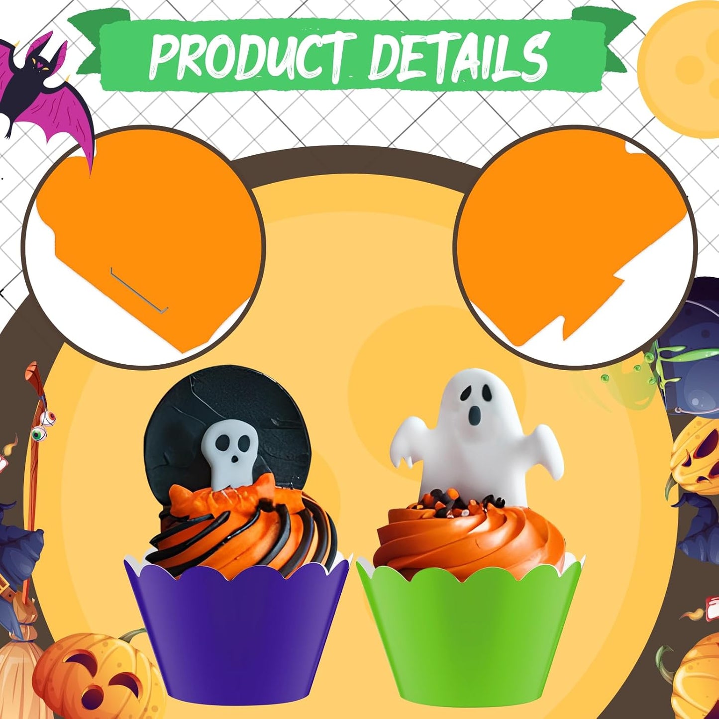 Domensi 100 Pcs Halloween Cupcake Wrappers Rustic Cupcake Liners Orange Black Purple Green Baking Cups Baking Liners for Wedding Bridal Baby Shower Birthday Halloween Party Supplies Dessert Decoration