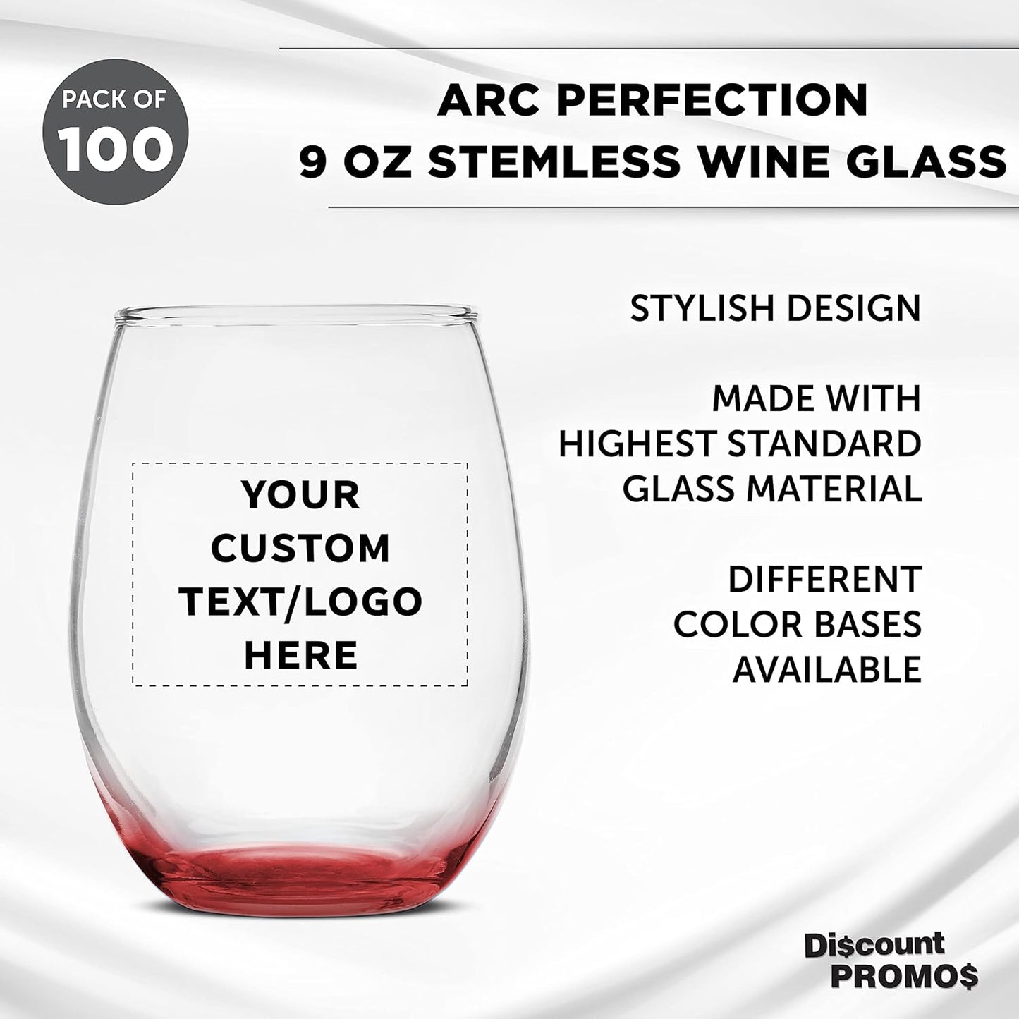 Custom Stemless Wine Glass 9 oz. Set of 100, Personalized Bulk Pack - Great for Wedding Favors, Bachelorette Party Decorations, Party Favors, Color Bottom - Red