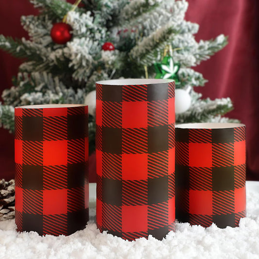Silverstro Christmas Red Flameless Candles: Farmhouse Theme Flickering Real Wax Buffalo Check Decorative Candles with Remote - Home Party Bathroom Room Christmas Decorations - Set of 3